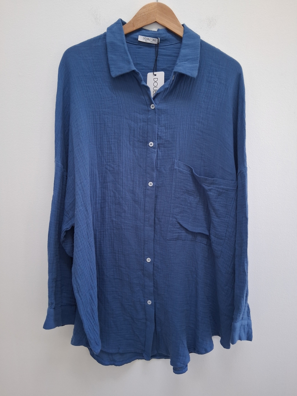 Double Take Full Size Pocketed Texture Button-Up Shirt Blue XL Cotton Lagenlook